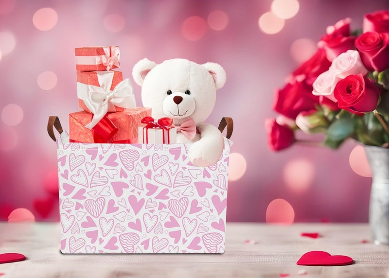 NTAOHAMPER Rectangular Pink Basket Empty, Fabric Storage Basket with Handles, Books Box,Lovely Storage Bin,Room Decor,Gift Basket for Girls(Pink Heart) - Image 4